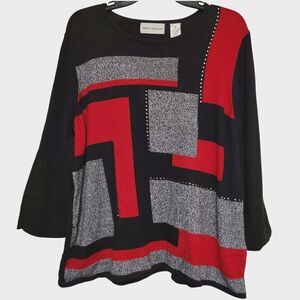 Alfred Dunner Sweater Red Black Gray Metal Dot Embellishments 3/4 Sleeves XL